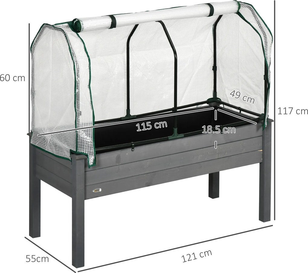 Outsunny Pat de Grădină Înălțat cu Acoperiș din PE, Jardinieră din Lemn pentru Exterior cu 4 Orificii de Drenaj, pentru Flori și Legume, pentru Grădină, Balcon, 121x55x117 cm, Gri Închis | Aosom Romania