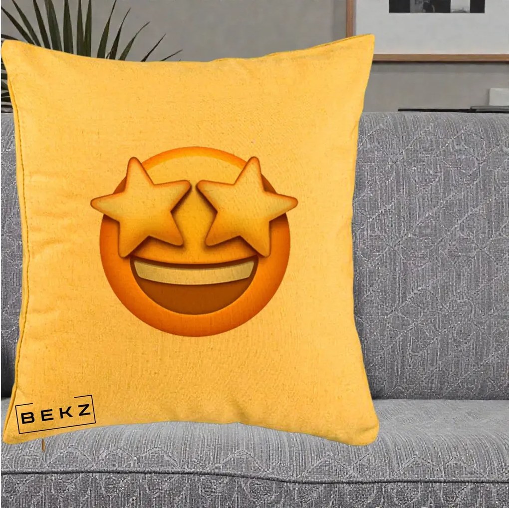 Perna Decorativa Emoji Ochi Stele, 40x40 cm, Galben, Husa Detasabila, Perna Inclusa, BEKZ®