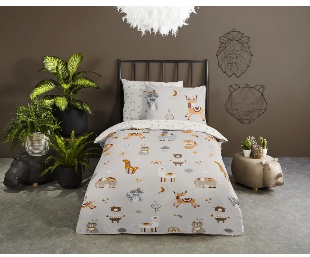 Lenjerie de pat pentru copii grej din bumbac pentru pat de o persoană 140x200 cm Woody – Good Morning