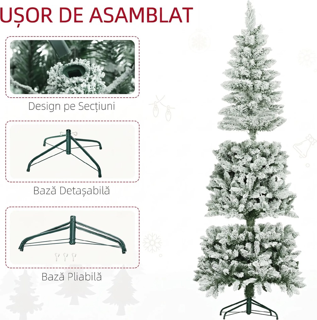 HOMCOM Pom de Crăciun Artificial Acoperit cu Zăpadă, Pom de Crăciun Îngust cu Bază Pliabilă, Ø65x180 cm, Verde | Aosom Romania