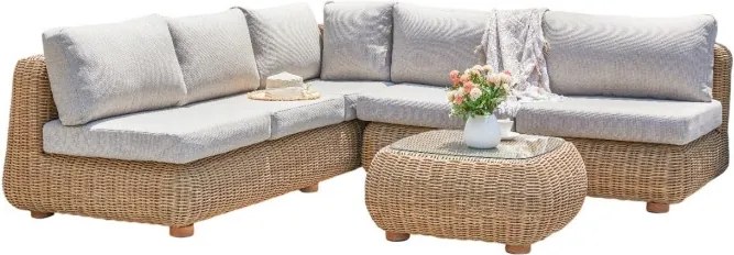 Set lounge exterior colțar 5 locuri din rattan sintetic și aluminiu cu măsuță și perne incluse, „Corner”