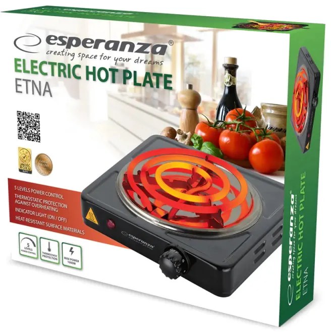 Plita electrica Esperanza EKH012K, 1000W, Diametru 21 cm, Incalzitor deschis, 5 trepte, Negru