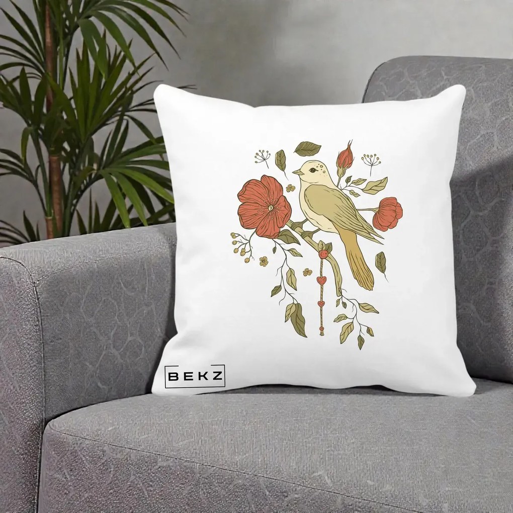 Perna Decorativa Pasare pe Ramura cu Maci, 40x40 cm, Alba Mata, Husa Detasabila, Perna Inclusa, BEKZ®
