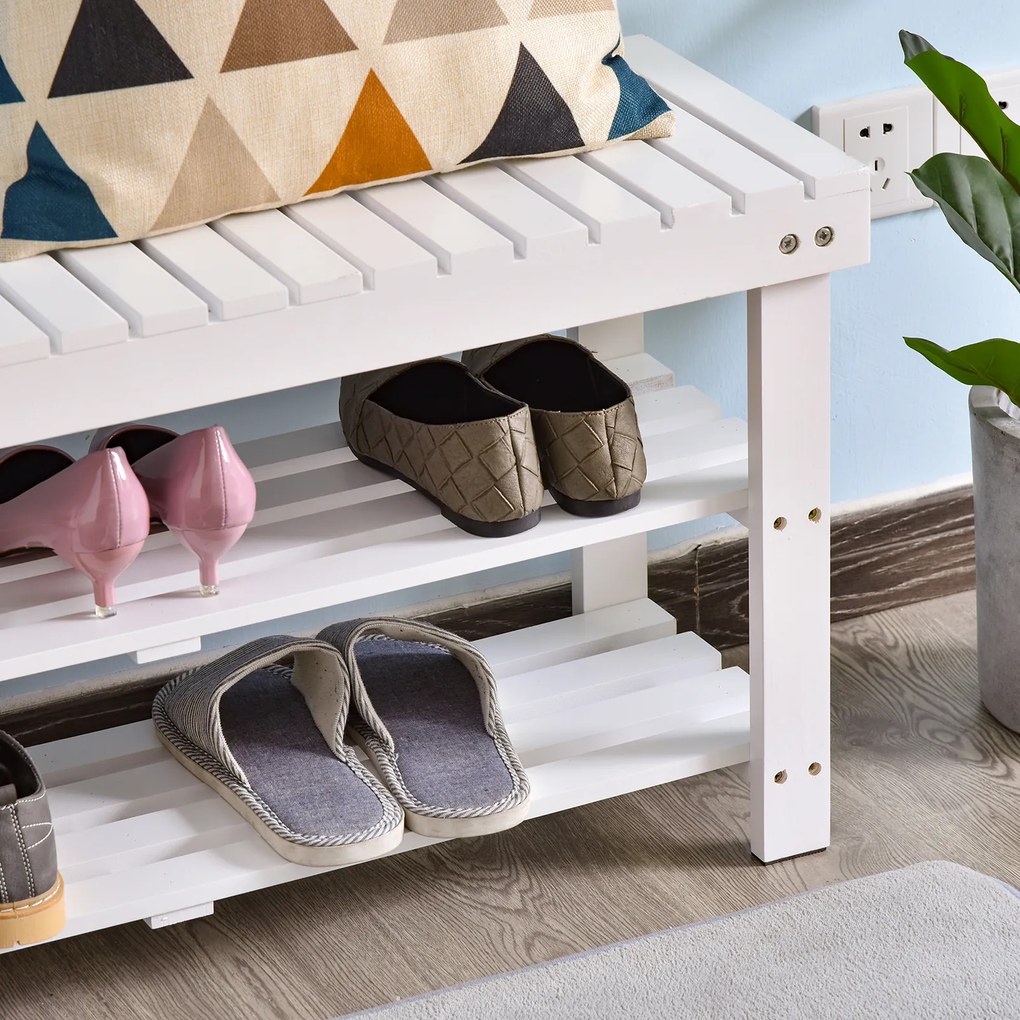 HOMCOM Banc pentru pantofi din lemn cu 3 niveluri cu rafturi de depozitare și compartiment ascuns, 90 x 29 x 45 cm, alb | Aosom Romania