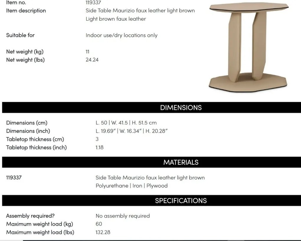 Masuta laterala design LUX, Piele Sintetica, Maro Deschis, Maurizio