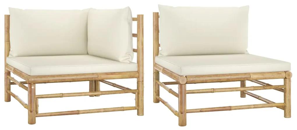 Set mobilier de gradina cu perne alb crem, 2 piese, bambus 1, Alb, Canapea de centru + canapea de colt