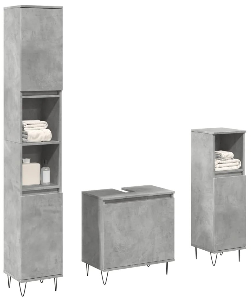 vidaXL Set mobilier de baie, 3 piese, gri beton, lemn compozit