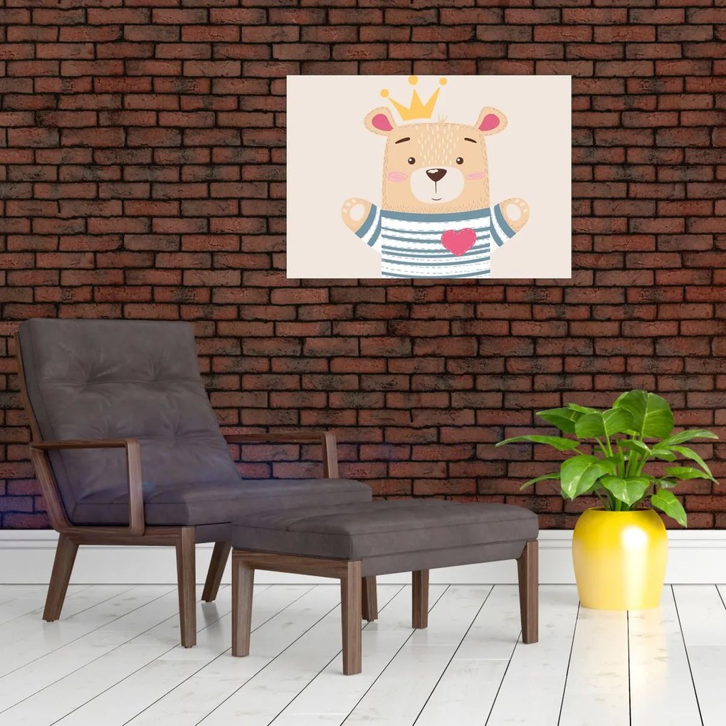 Tablou pe sticlă - Teddy ursuleț cu coroană (70x50 cm)