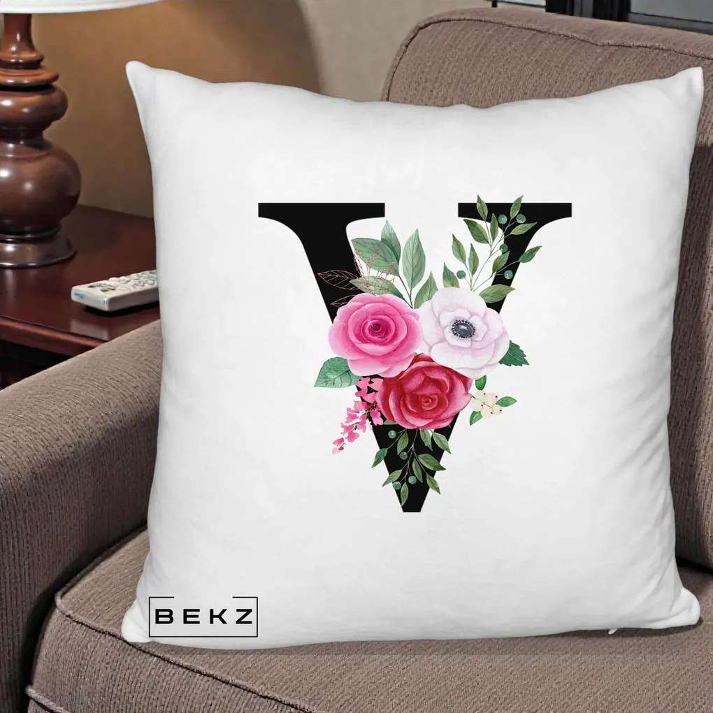 Cadou Personalizat - Perna Personalizata Monograma Florala Litera V cu Buchet, 40x40 cm, Alb Pufos, Husa Detasabila, Perna Inclusa, BEKZ®