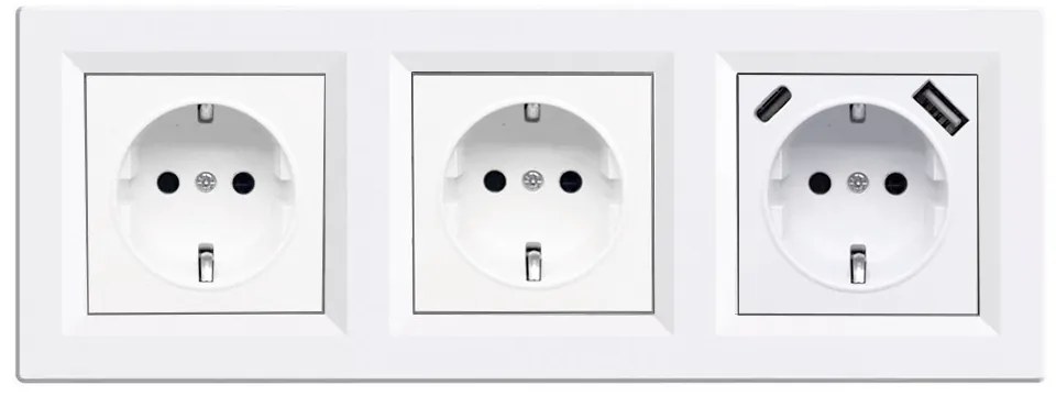 Priză Nova III cu două prize împământate cu conector USB și cadru alb