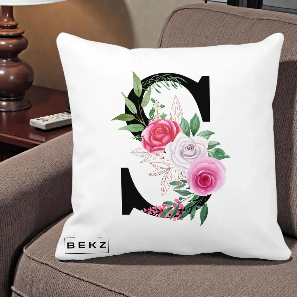 Cadou Personalizat - Perna Personalizata Monograma Florala Litera S, 40x40 cm, Alba Mata, Husa Detasabila, Perna Inclusa, BEKZ®