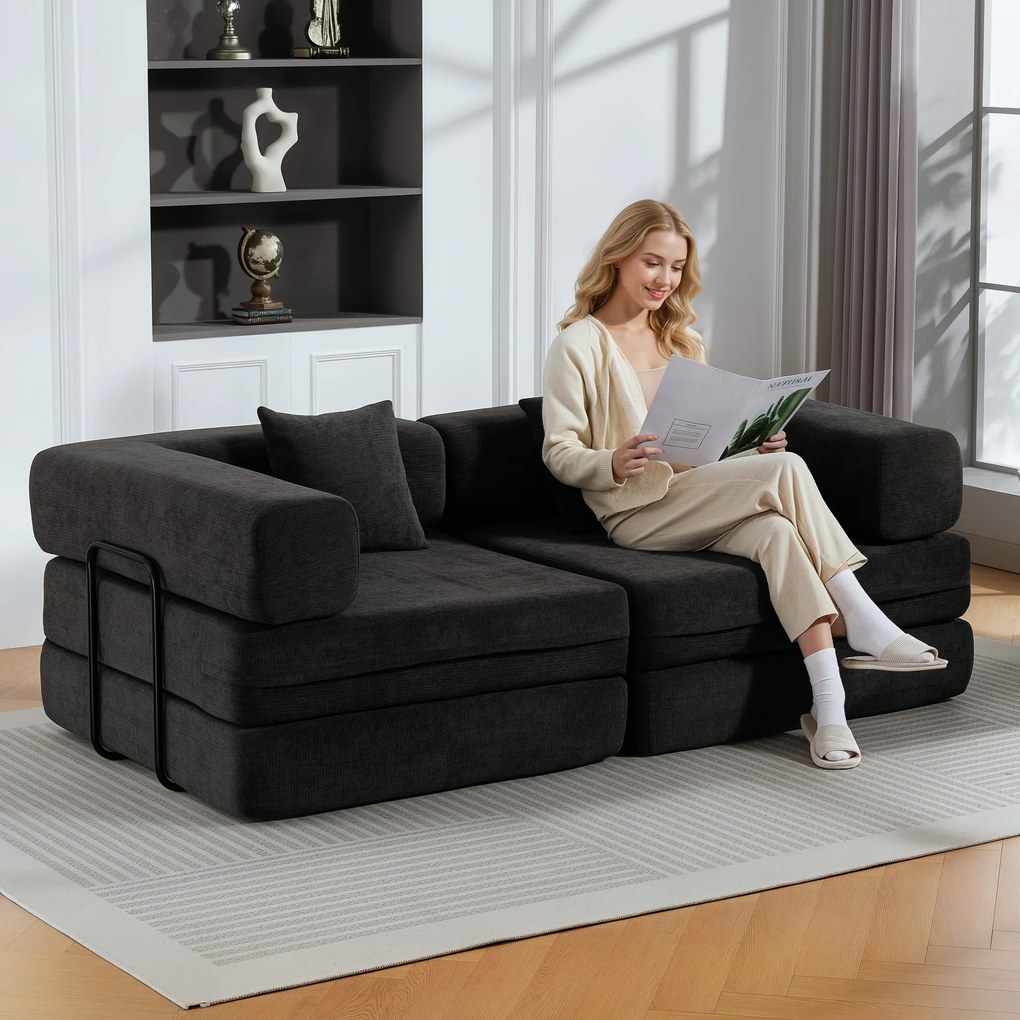 HOMCOM Canapea‑Pat 2 locuri Extensibilă Tapițată în Chenille cu Căptușeală Groasă Brațe Late 2 Perne Gri Închis | Aosom Romania