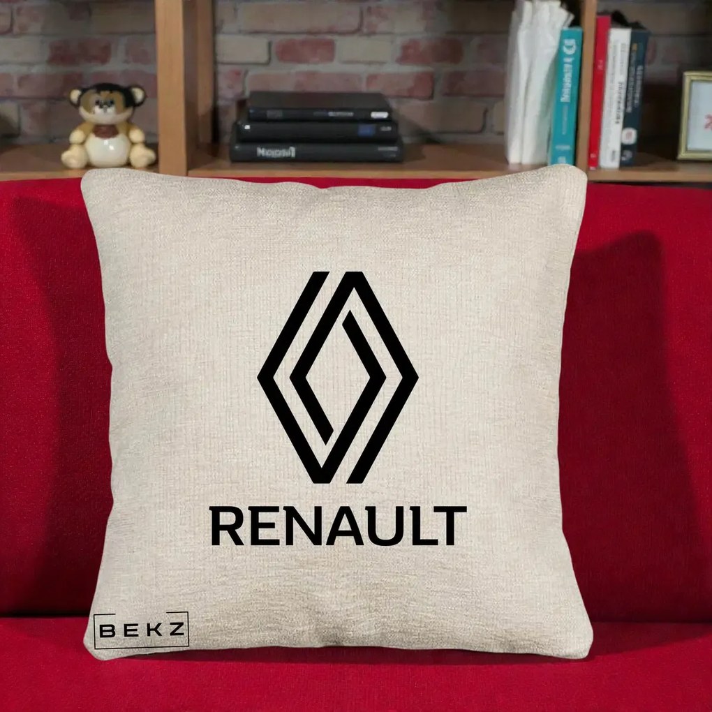 Perna Personalizata cu emblema Renault, 40x40 cm, Bej Canapea, Husa Detasabila, Perna Inclusa, BEKZ®