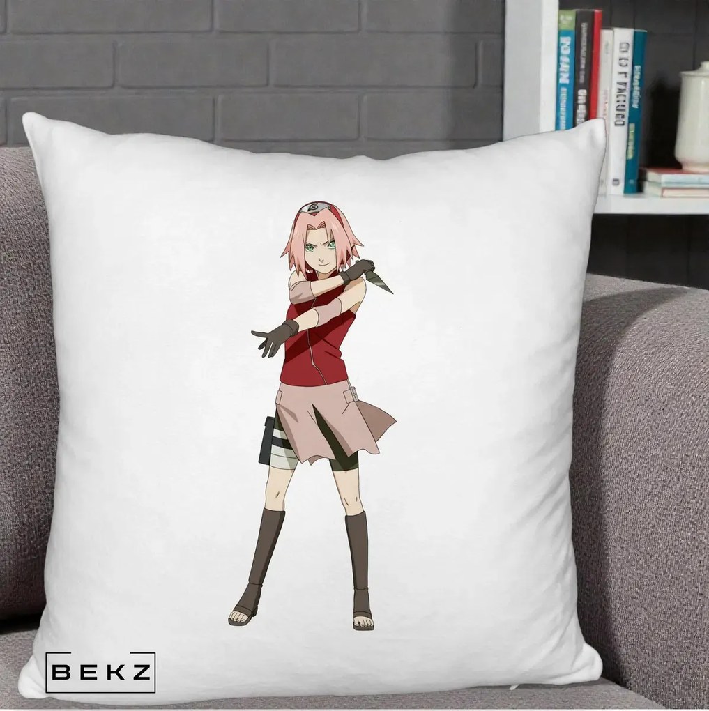 Perna Personalizata Naruto Sakura Haruno Portret, 40x40 cm, Alb Pufos, Husa Detasabila, Perna Inclusa, BEKZ®