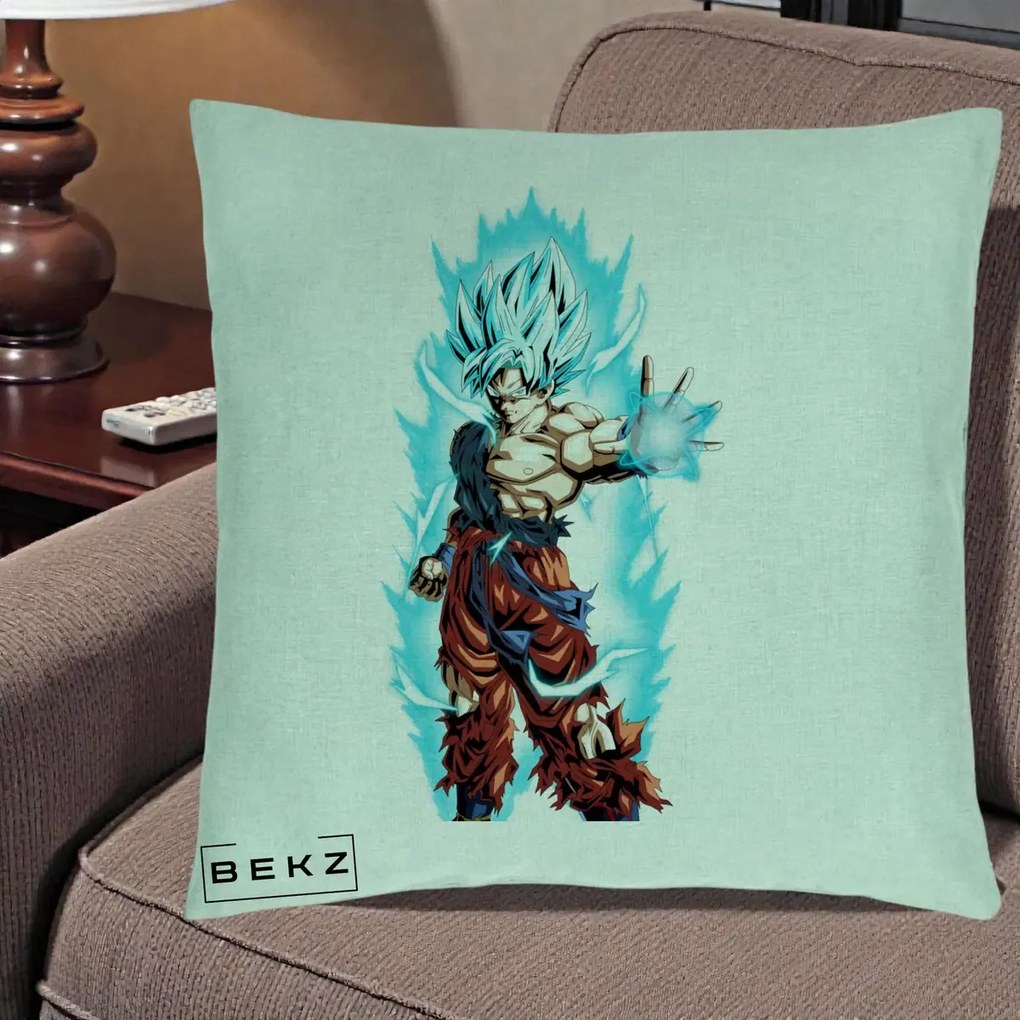 Perna Personalizata Dragon Ball Goku Ultra Instinct Blue, 40x40 cm, Verde Menta, Husa Detasabila, Perna Inclusa, BEKZ®