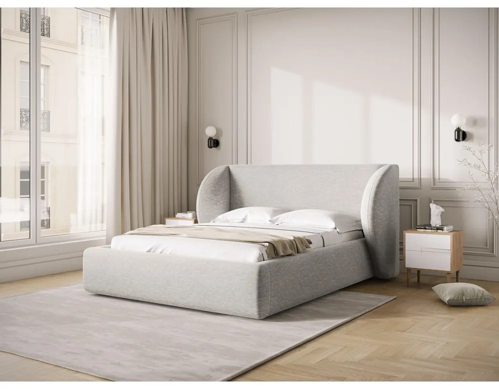 Pat matrimonial gri deschis tapițat cu spațiu de depozitare cu somieră 200x200 cm Miley – Micadoni