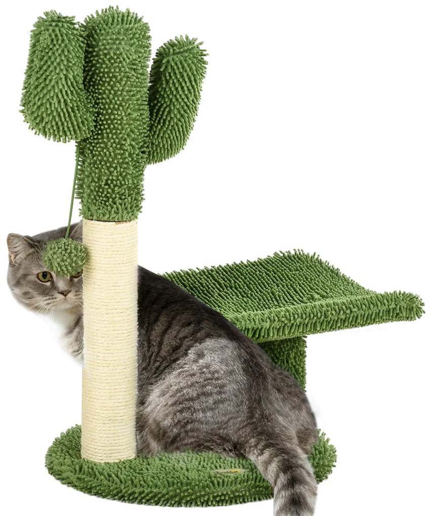 Copac de 55,5cm in Forma de Cactus pentru Pisici de Interior, Turn pentru Pisici cu Stalpi de Zgariat, Pat, Minge, Verde PawHut | Aosom Romania