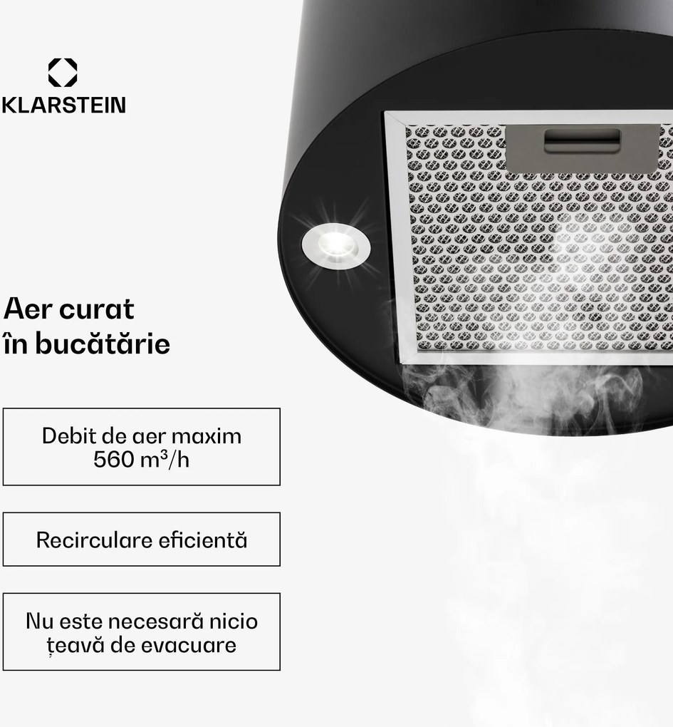 Klarstein Barett, hotă de aspirație, Ø 38 cm, convecție 560 m³/h, LED, filtru de carbon, neagră