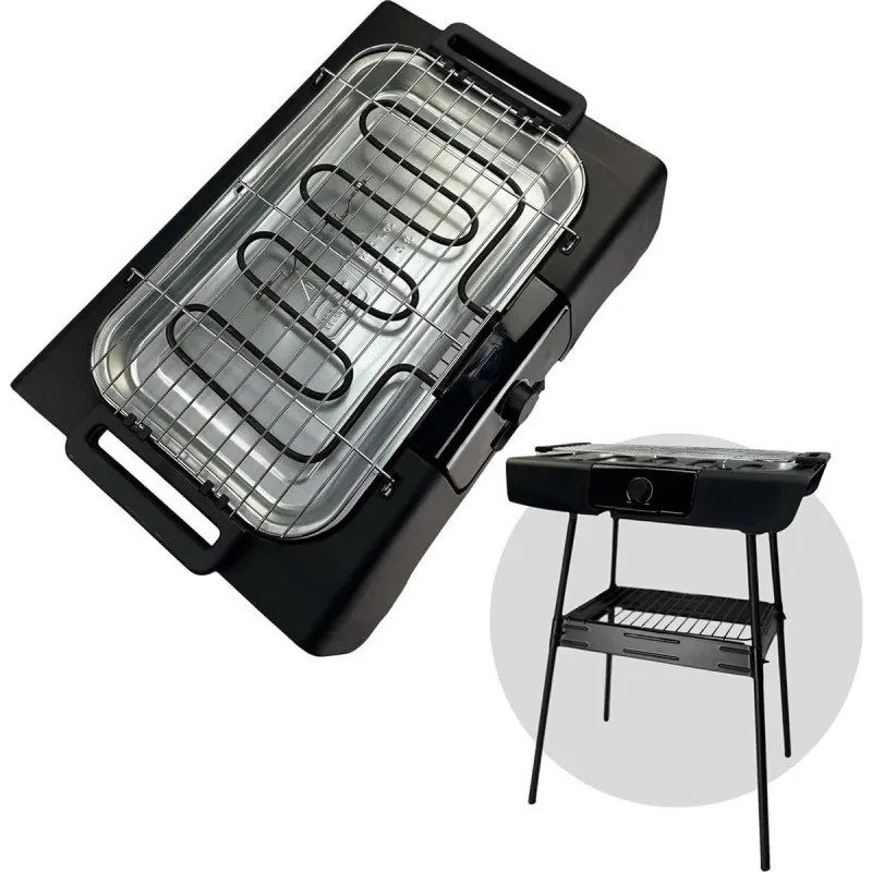 Gratar electric Royalty Line RL-SBGT2000, 2000W, 38x28 cm, Suport pliabil, 200°C, Termostat, Tava de scurgere, Negru