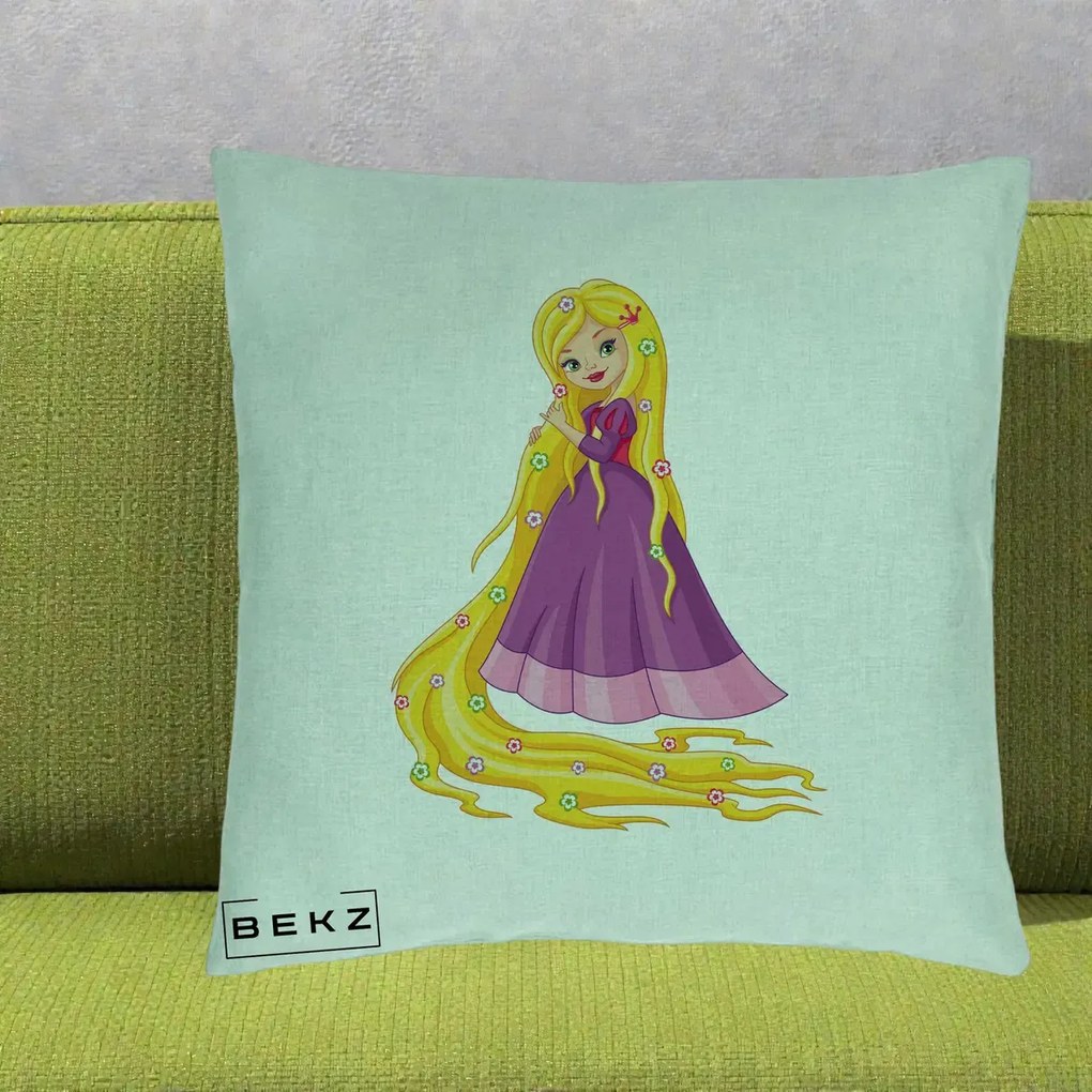 Perna Personalizata Rapunzel Par Lung Floral, 40x40 cm, Verde Menta, Husa Detasabila, Perna Inclusa, BEKZ®