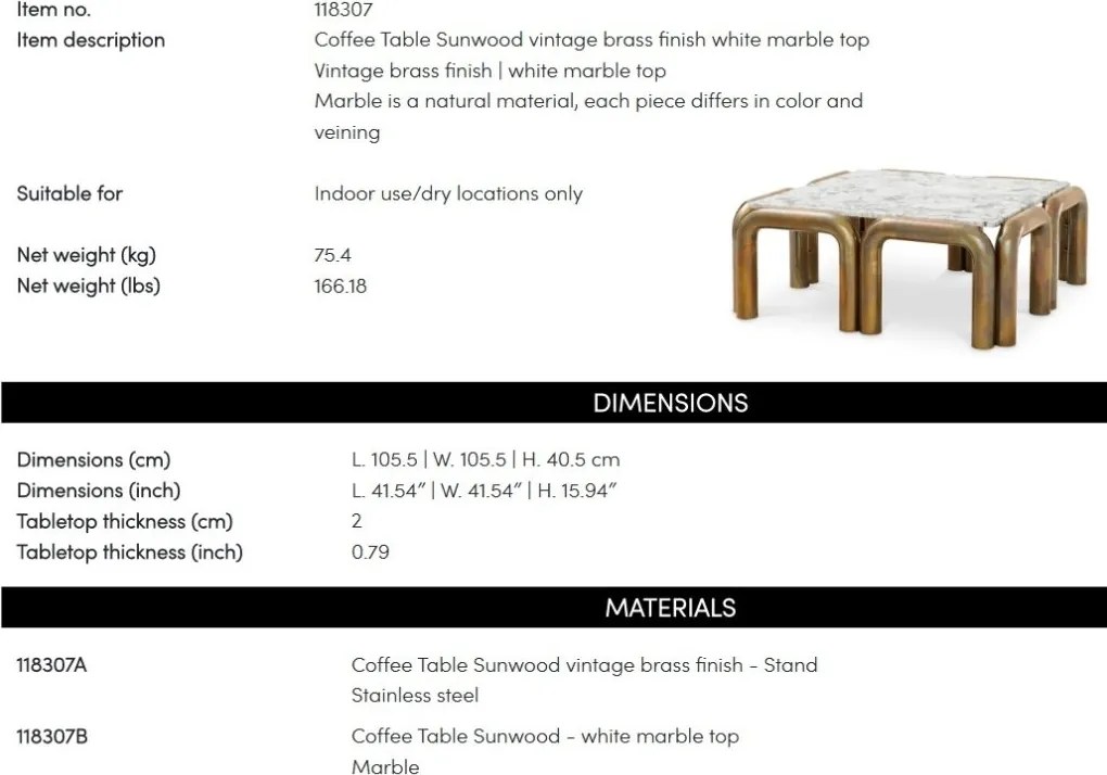 Masuta Cafea LUX cu Blat din Marmura, Sunwood