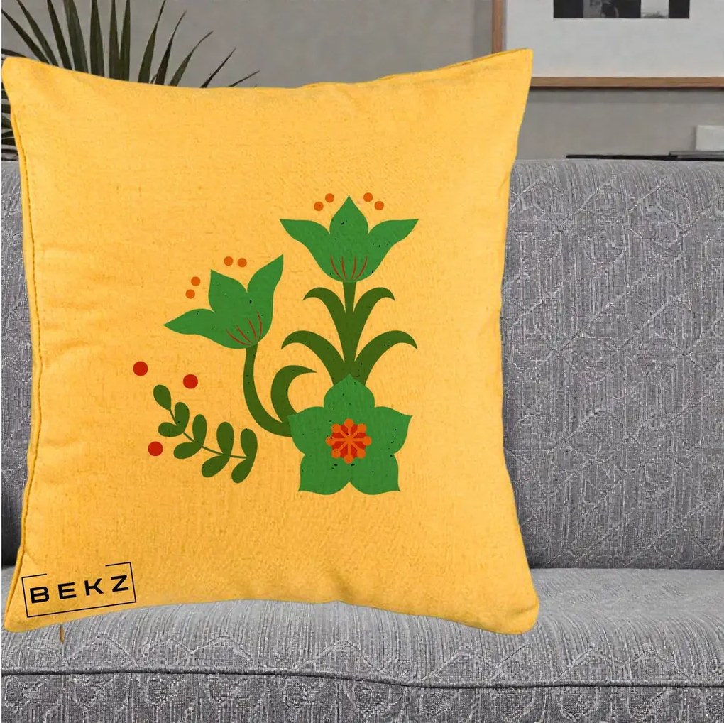 Perna Decorativa Flori Stilizate Folk Turcoaz, 40x40 cm, Galben, Husa Detasabila, Perna Inclusa, BEKZ®
