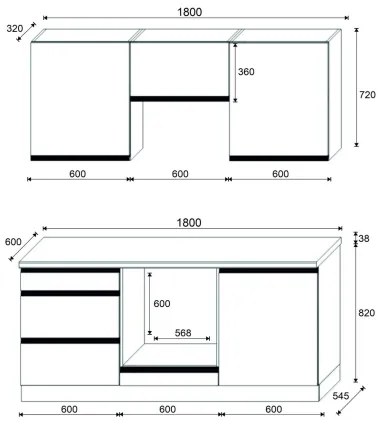 Mobilă de bucătărie MARINA 180 cm, stejar craft/negru lucios
