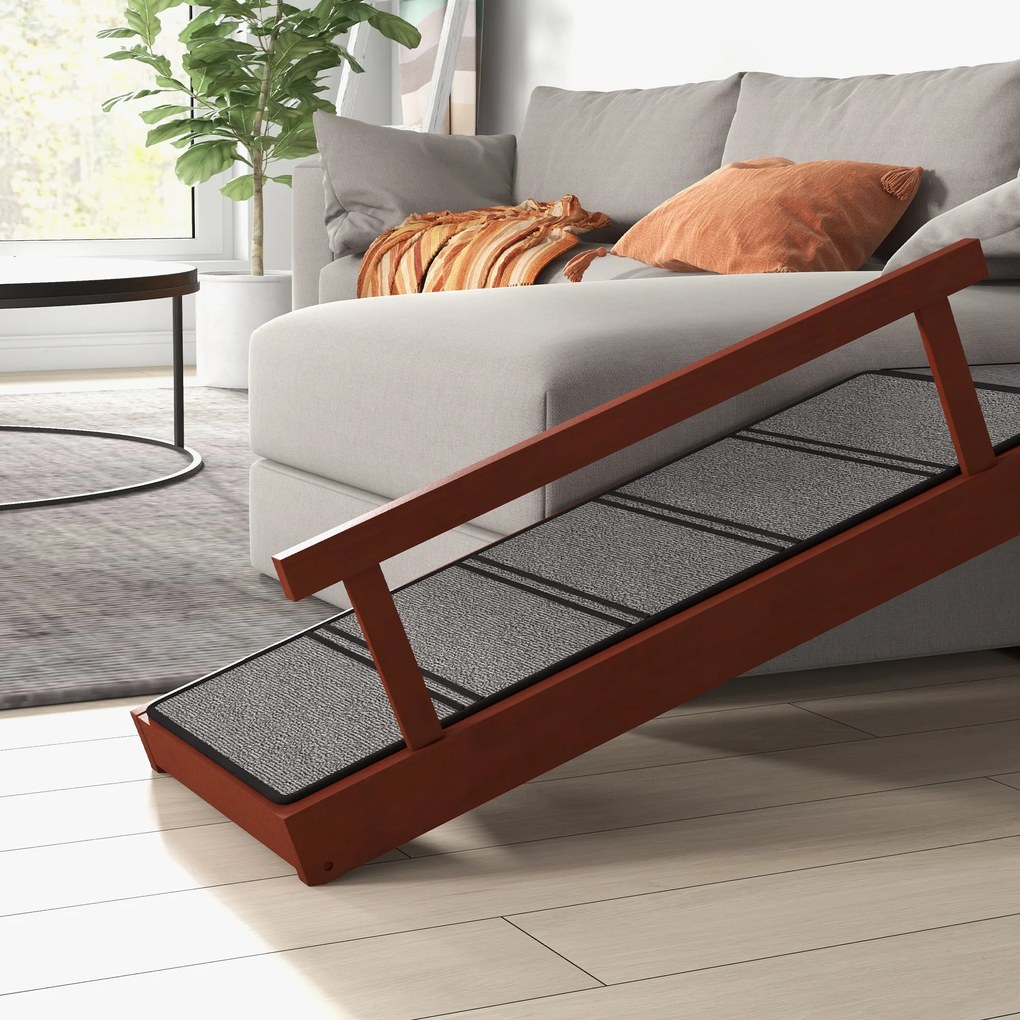 PawHut Rampă pentru câini, balustrade detașabile, antiderapant, lemn, până la 30 kg, 125x40x56cm, Maro/Gri | Aosom Romania