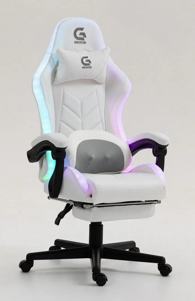 Scaun gaming, Masaj cu Role in perna lombara, Boxe bluetooth, sistem iluminare bandă LED RGB, suport picioare, Alb