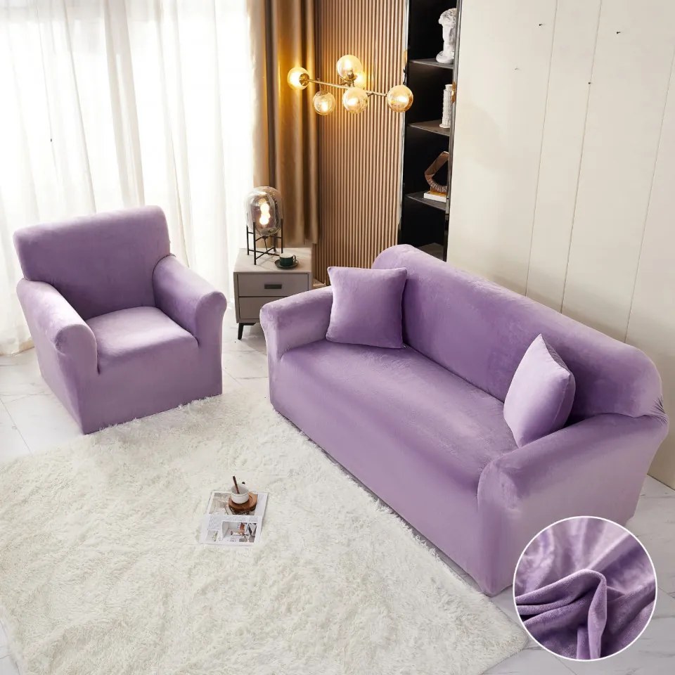 Set huse elastice din catifea pentru canapea 3 locuri + 2 fotolii, cu brate, lila, HCCJS-12