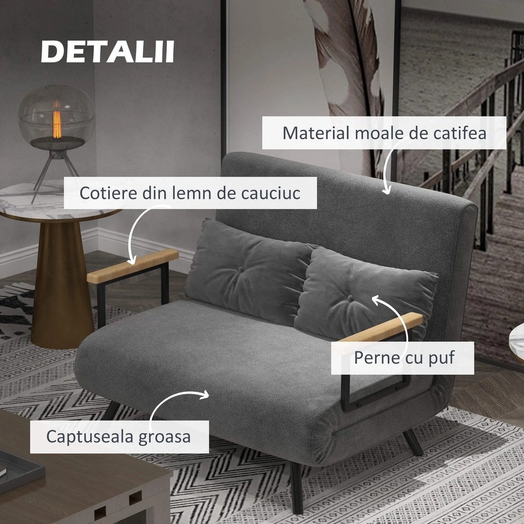 HOMCOM Canapea Pat de 2 Locuri cu Spătar Reglabil pe 5 Nivele și 2 Perne din Material Capitonat, 102x73x81 cm, Gri Închis | Aosom Romania