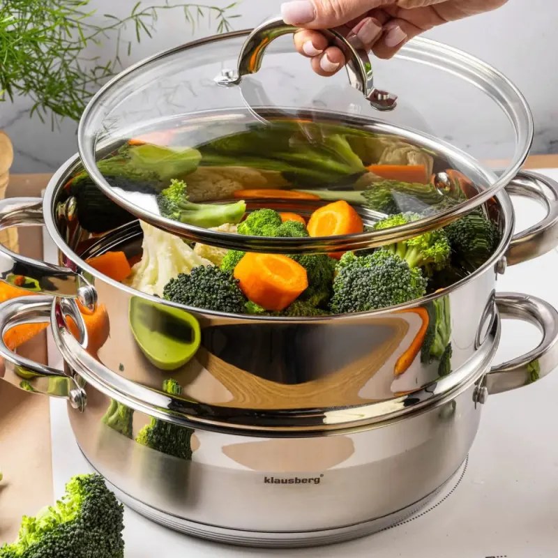 Oala pentru gatit la abur Klausberg KB 9072, 3,5 l, 24 cm, 3 piese, Simultan pe 2 niveluri, Scala de masurare, Fund cu 5 straturi, Inductie, Otel inoxidabil