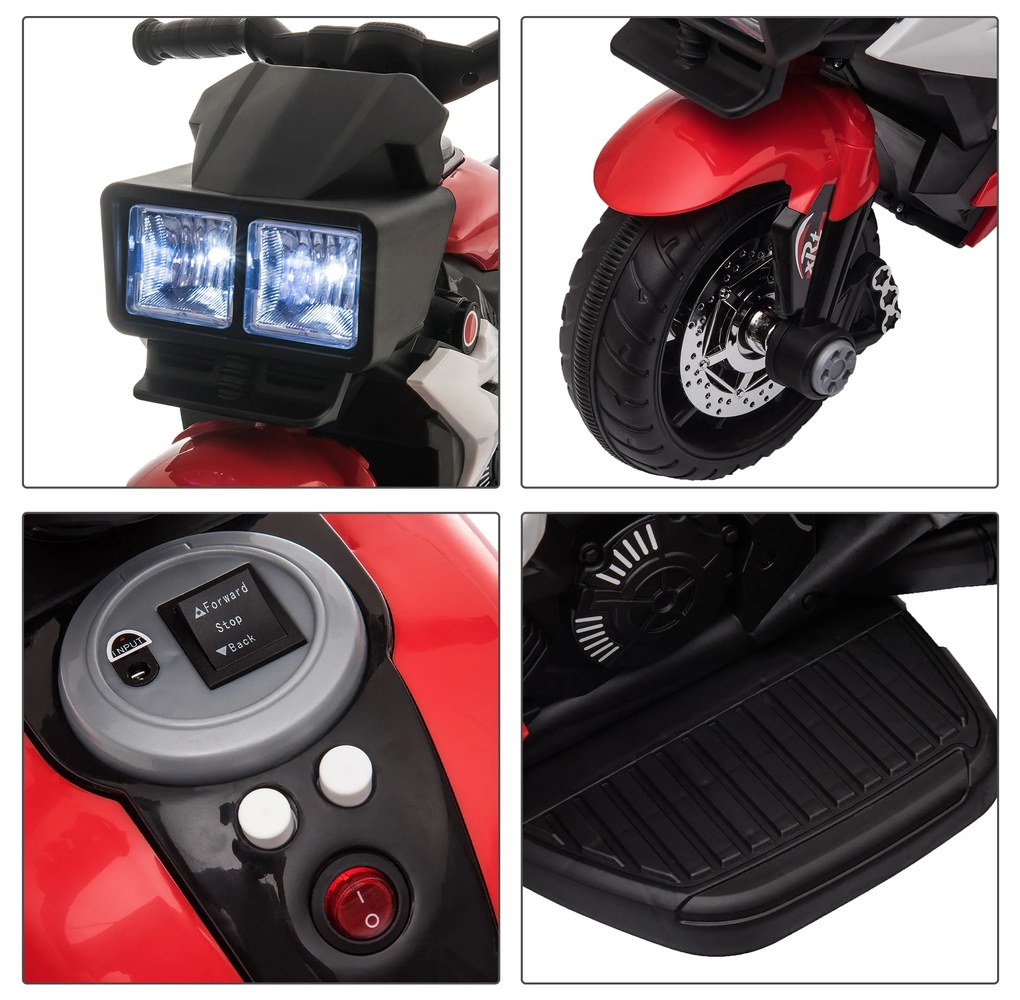 Motocicleta Electrica pentru Copii 3-5 Ani (max. 25kg) cu 3 Roti, Lumini si Sunete, Bateria 6V, Rosu, 86x42x52cm HOMCOM | Aosom RO