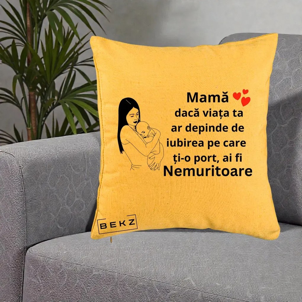 Cadou pentru Mama - Perna Personalizata Mama Nemuritoare Linie, 40x40 cm, Galben, Husa Detasabila, Perna Inclusa, BEKZ®