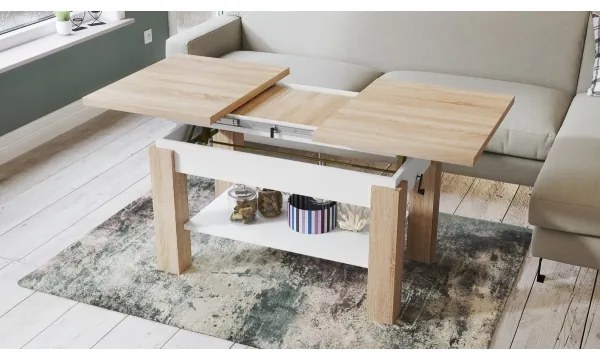 Masă extensibilă ADONIS cu raft, stejar sonoma/albă
