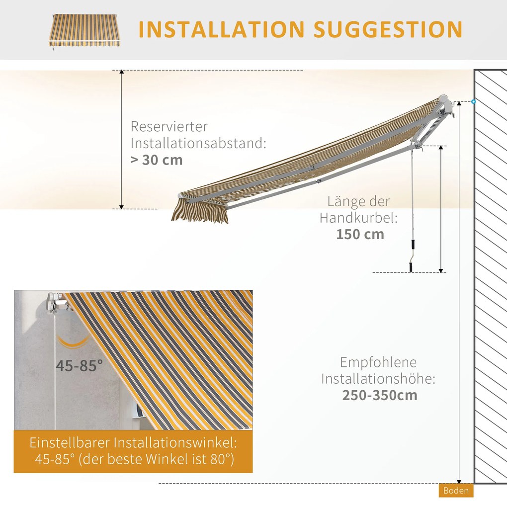 Outsunny Parasolar Copertină cu Brațe Articulate Protecție Solară Manivelă Balcon Aluminiu Galben Gri 2,95 x 2,45 m | Aosom Romania