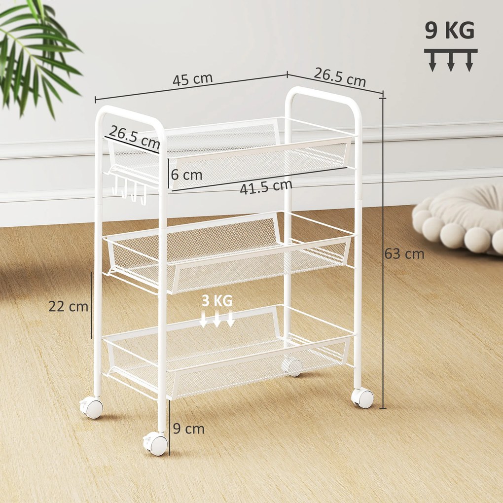 HOMCOM Cărucior cu 3 niveluri cu coșuri etajeră pe roți cărucior de depozitare mobil 45 x 26,5 x 63 cm alb | Aosom Romania