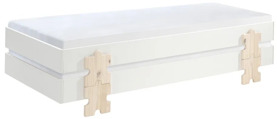 Set 4 paturi stivuibile pentru copii MODULO, alb, din MDF și pin masiv, cu somiere cu lamele incluse – Vipack
