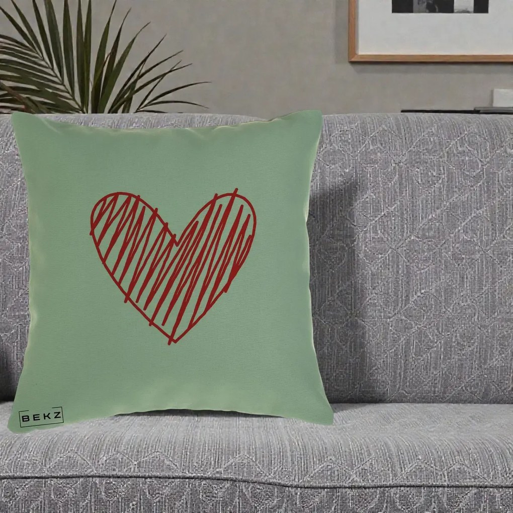 Perna Decorativa Inima Rosie Desen Manual, 40x40 cm, Verde, Husa Detasabila, Perna Inclusa, BEKZ®