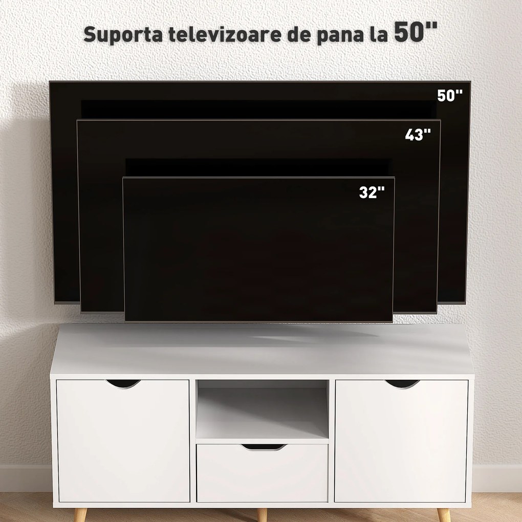 HOMCOM Mobilier TV de 50" cu Sertar, Raft Deschis și 2 Dulapuri, Mobilier TV cu 5 Picioare din Lemn, 110x40x50 cm, Alb | Aosom Romania