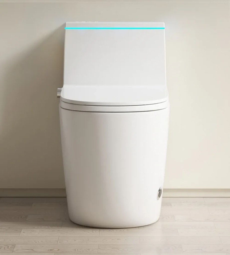 Smart WC 909 – Vas de Toaletă Inteligent cu Bideu Integrat, Rezervor Încorporat, Afișaj LED, Încălzire Colac, Uscare cu Aer Cald, Iluminare Ambientală RGB, Telecomandă, Ceramică Premium, Alb