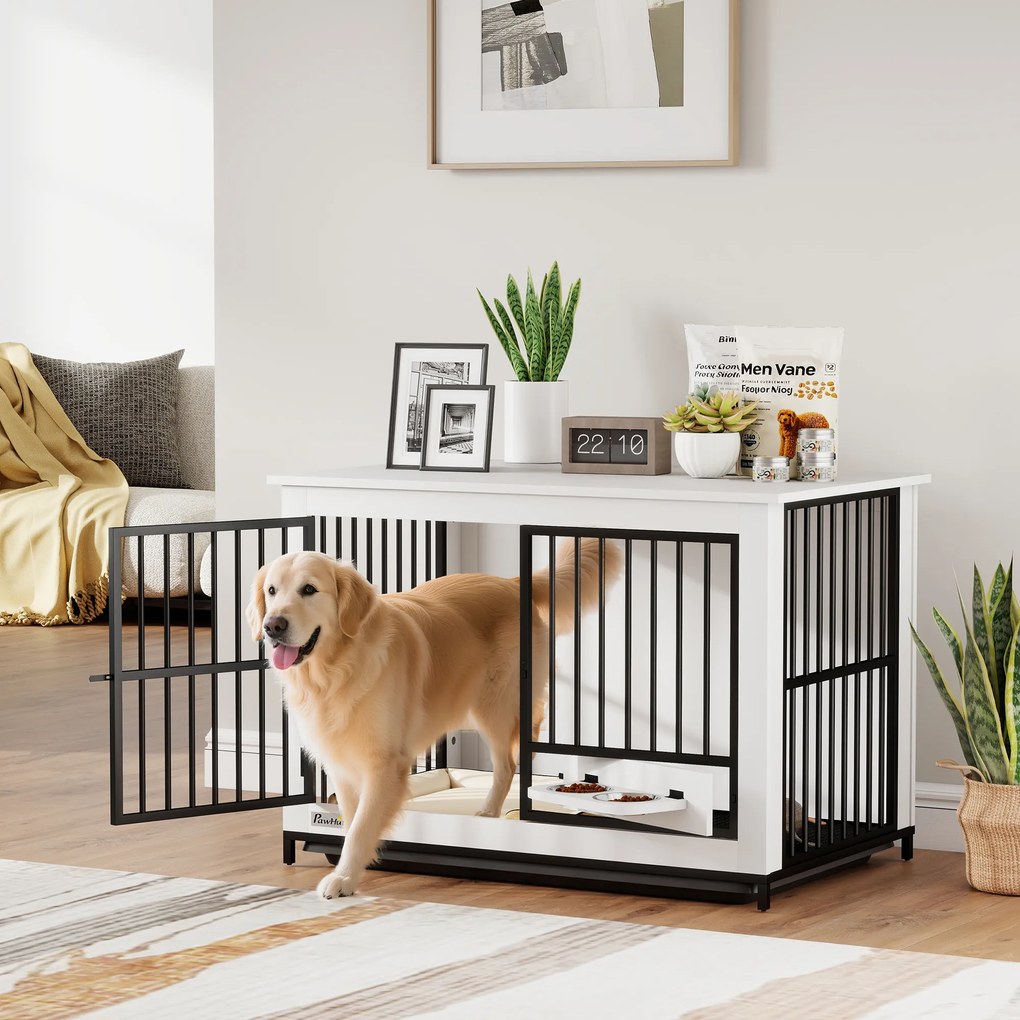 PawHut Cușcă mare pentru câini, acces ușor, închidere cu încuietoare, suport rotativ pentru boluri, pentru câini mici și mari, alb | Aosom Romania