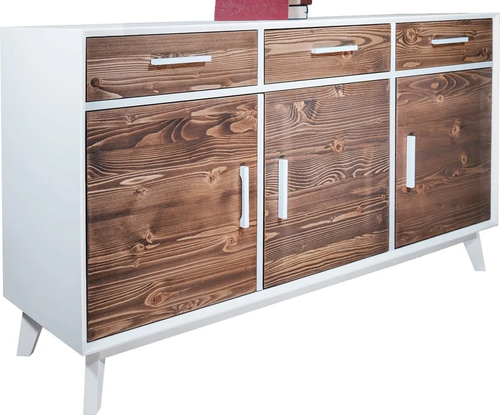 Comodă lemn masiv alb Timeless 3 Sertare 3 Uși, 146 × 45 × 85 cm