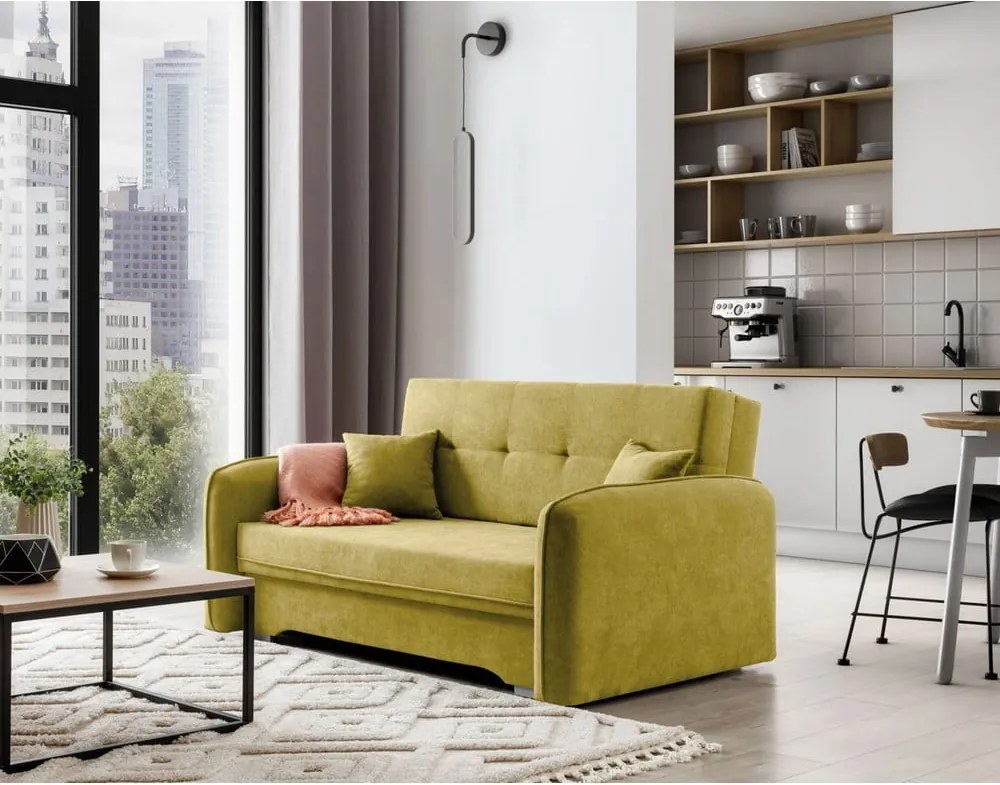 Canapea galbenă extensibilă/cu spațiu de depozitare cu tapițerie din chenille 155 cm Laine – ELTAP