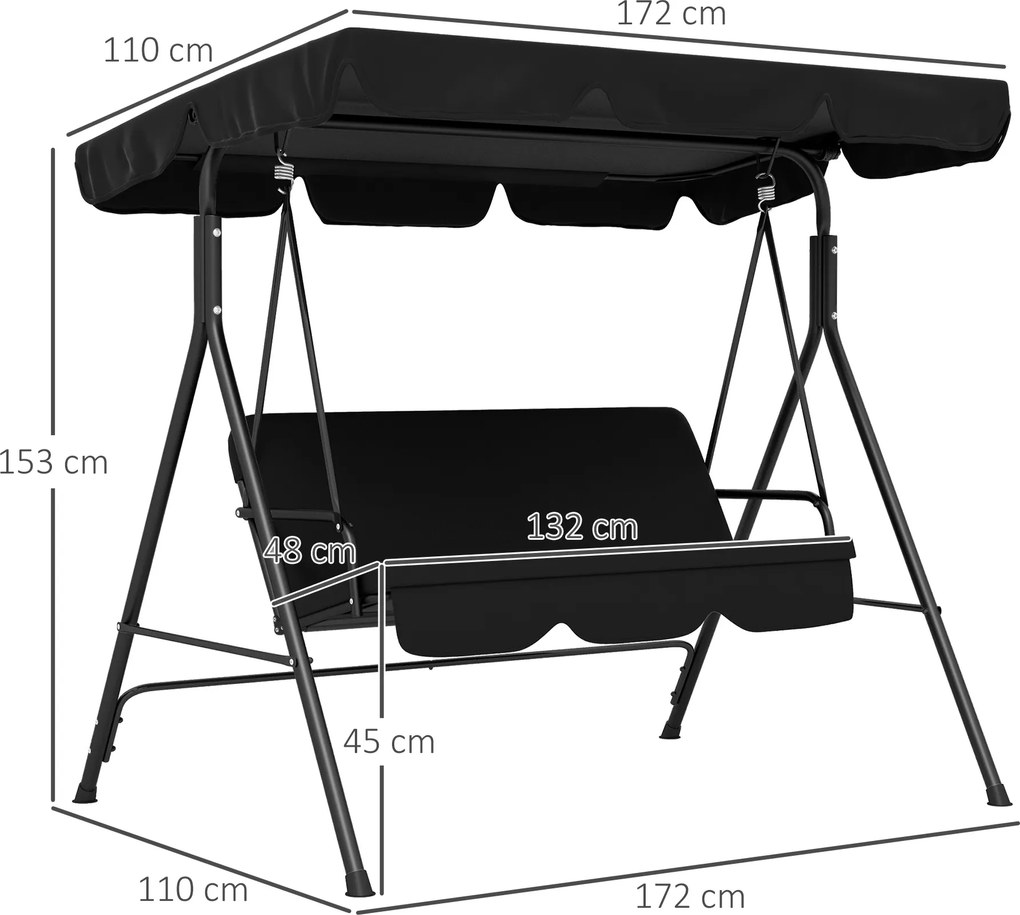 Outsunny Leagăn tip Hollywood 3 locuri Șezlong de grădină Bancă-leagăn, rezistent la intemperii, 172 cm x 110 cm x 153 cm, Negru | Aosom Romania