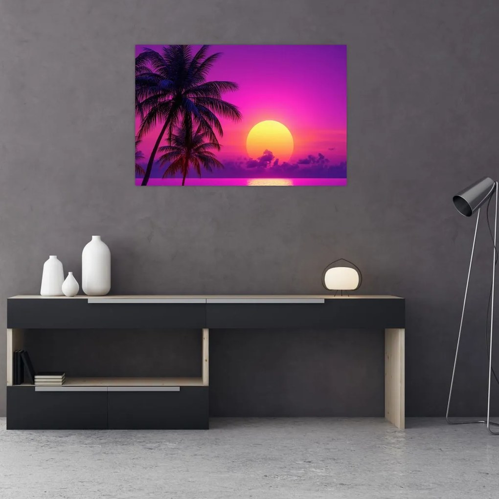 Tablou - Apus violet cu palmier (90x60 cm)