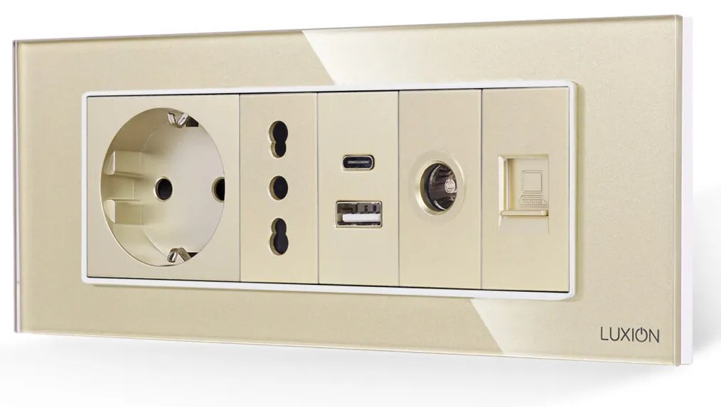 Priza Schuko + Ingusta + Dubla USB + TV + Internet cu Rama Din Sticla LUXION, Standard Italian, 6M