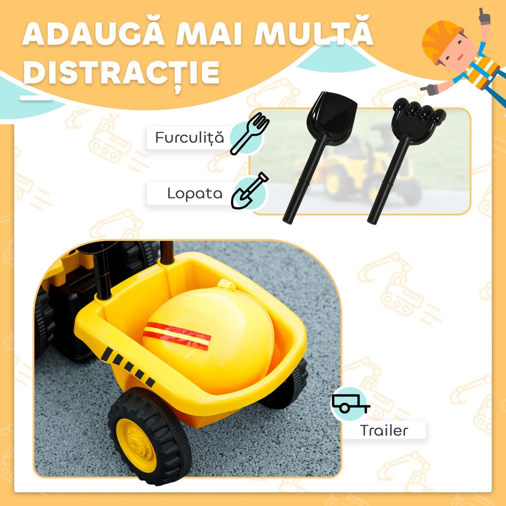 AIYAPLAY Camion, Excavator Jucărie pentru Copii 12-36 Luni cu Cupă și Remorcă Integrate, 91x29x44 cm, Galben | Aosom Romania