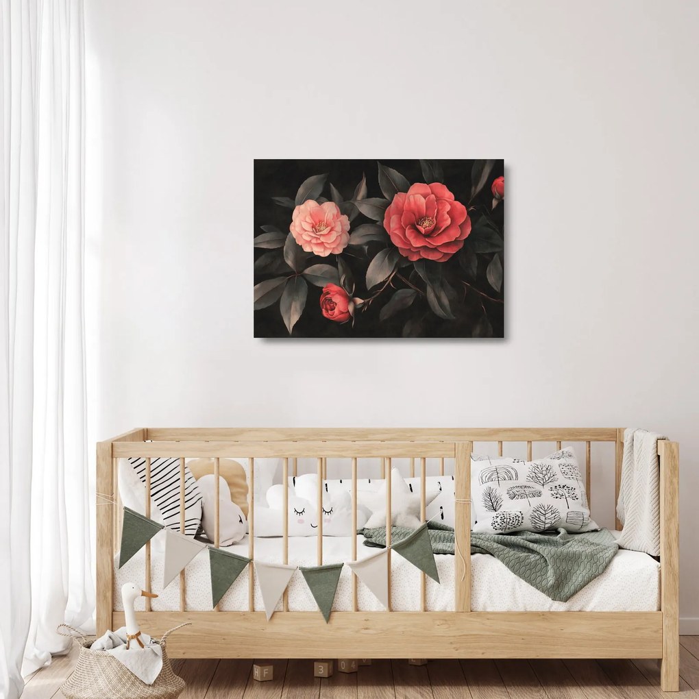 Tablou pe sticlă - Flori roșii pe fundal întunecat (70x50 cm)