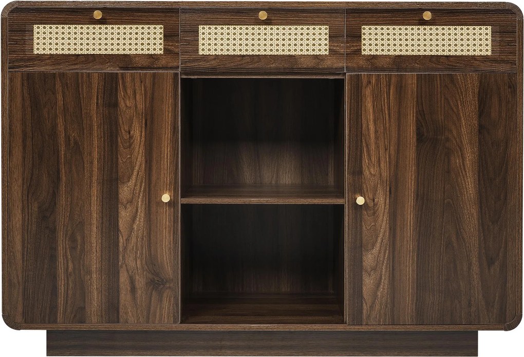 Comodă bufet, 3 sertare + 2 dulapuri cu raft central deschis și fețe din ratan, 120x40x85 cm, Maro